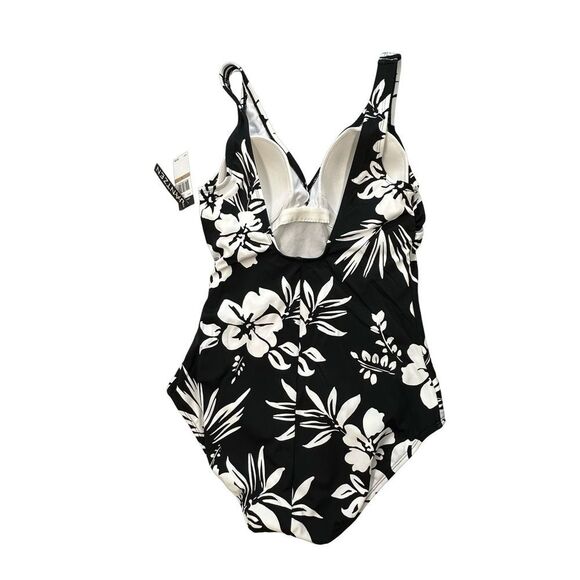 JANTZEN NWT Black & White Floral Wrap Waist Fully Lined Swimsuit Size 12 - Picture 3 of 12
